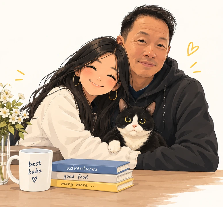 An illustrated couple cuddles their kitten at a table with flowers, books and a mug.